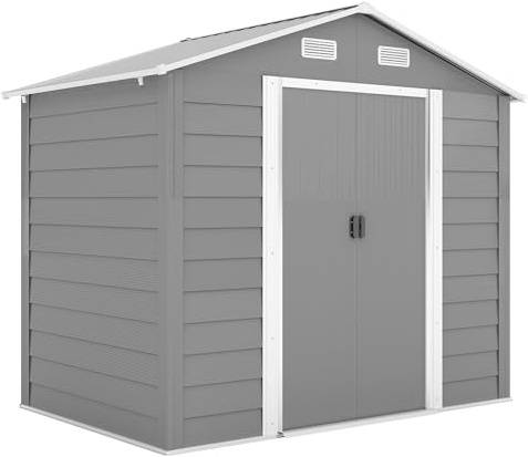 Outsunny Casetta da Giardino 4.07m² in Acciaio Zincato con Fori di Drenaggio, Prese d'Aria, Capanno Porta Attrezzi con Tetto Inclinato, Doppie Porte Scorrevoli Bloccabili, Grigio Chiaro