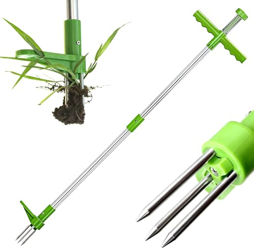 Unkrautstecher mit 100 cm Stiel, Stehend Unkrautentferner mit Drei Edelstahl-Krallen & Fusspedal – Manueller Wurzelentferner für Löwenzahn, Disteln & Tiefwurzler, Rückenschonend, Ohne Bücken
