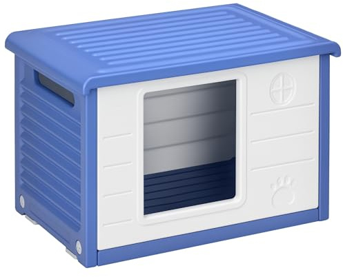 PawHut Caseta elevada para perros pequeños con entrada y 2 rejillas de ventilación laterales, caseta antideslizante para exteriores fabricada en polietileno, fácil de limpiar, 60 x 42 x 40 cm, azul y
