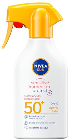 NIVEA SUN Sensitive Immediate Protect Spray Solare SPF 50+ 250 ml, Crema solare 50 spray contro le allergie solari, Protezione solare 50+ con Aloe Vera per pelle sensibile, Senza profumo, Waterproof