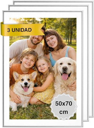 MARCOFOTO Set de 3 Marcos de Fotos para Pared con Plexiglas Portafotos de PVC para Cuadros, Fotos, Láminas y Diplomas - Uso Vertical u Horizontal - Color Plateado 50x70 cm