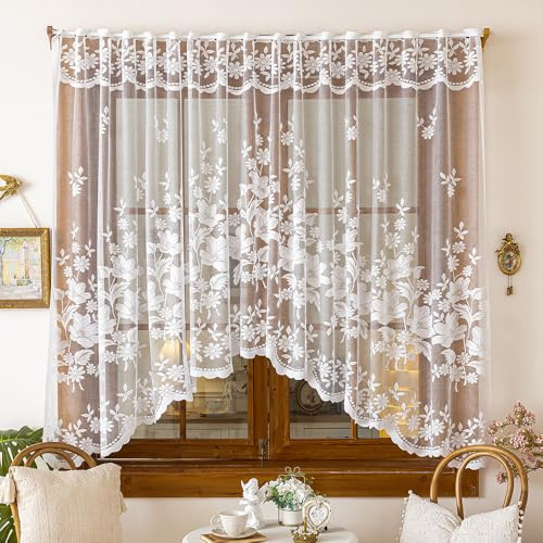 MSLSOZ Vintage Sheer Floral Scheibengardine für Fenster Netzvorhang für Fenster Spitze Weiß Fenster Spitzengardine Scheibengardine Stangentaschen-Design (1 Stück, 100cm lang x 160cm breit)