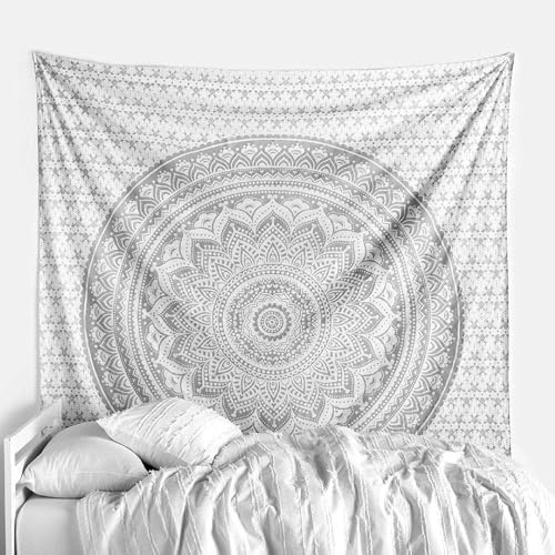 THE ART BOX Metallic Silver Grey Mandala Wall Hanging Tapestry Cotton Beach Throw Blanket Boho Hippie Ceiling Decor Twin Bedspread 55x82 Inches Yoga Mat Rug