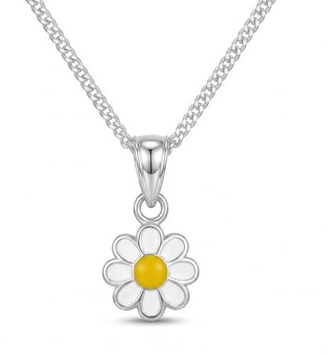Heather Needham Sterling Silver Children's Daisy Necklace on 14 Silver chain - Yellow & White Enamel Daisy Pendant - SIZE: small & dainty 10mm. Gift Boxed 4876/14