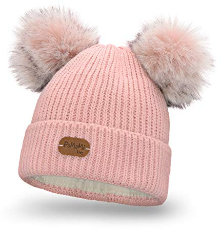 PaMaMi Mädchen Winter Mütze mit zwei Bommel I Strick Mütze mit 2 Bommeln für Kinder I Wintermütze I Strickmütze Gr. 50-55 cm I Alter 3-7 Jahre
