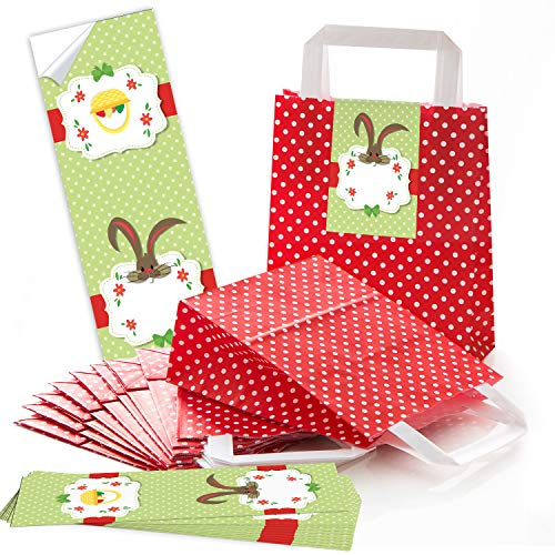 Logbuch-Verlag 10 Ostertüten zum Befüllen 18 x 8 x 22 cm mit Osteraufkleber grün rot weiß FROHE OSTERN - Osternest Ostern Papiertüte mit Henkel