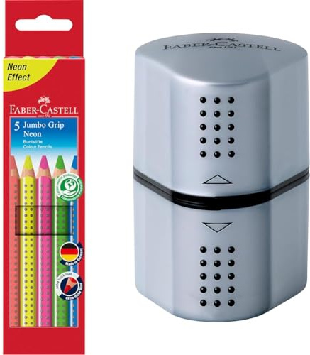 Faber-Castell 110994 - Jumbo Buntstifte Set GRIP Neon, 5-teilig, bruchsicher, für Kinder und Erwachsene & 183800 - Dosenspitzer Grip 2001, 3in1, Anspitzer mit Behälter für Blei- und Buntstifte