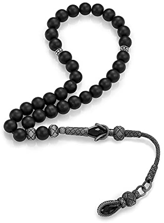 Türkischer Kazazaz-Rosenkranz, 1000 Karat, matt, Onyx, islamisch, 33 Gebetsperlen, Tasbeeh-Rosenkranz, Small, Silber, Onyx