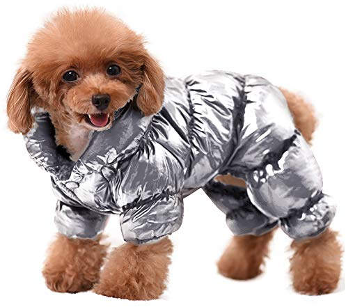 AOFITEE Hundemantel, Wasserdichte Hundejacke für den Winter, Ganzkörper Hundemäntel Schneeanzug, Winddichte Welpendaunenjacke Puffermantel, Fleece Winterweste für Hunde, Silber, XL