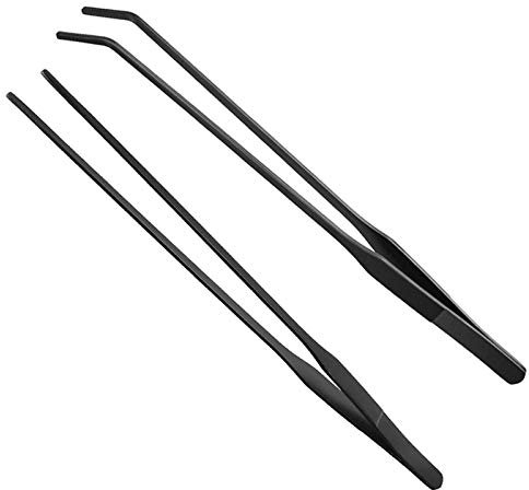 HRASY Schwarzes Aquarium Pinzetten Set Edelstahl gerade und gekrümmte Pinzette langen Griff Reptil Fütterung Zangen für Fisch Tank Wasserpflanzen, 2 Stück, 10,6 Zoll