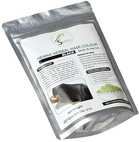 SVATV Henna Color de cabello NEGRO con 9 Hierbas II Cabello Mehndi, Color de cabello natural II 227g, 0.5 lb, 08 oz