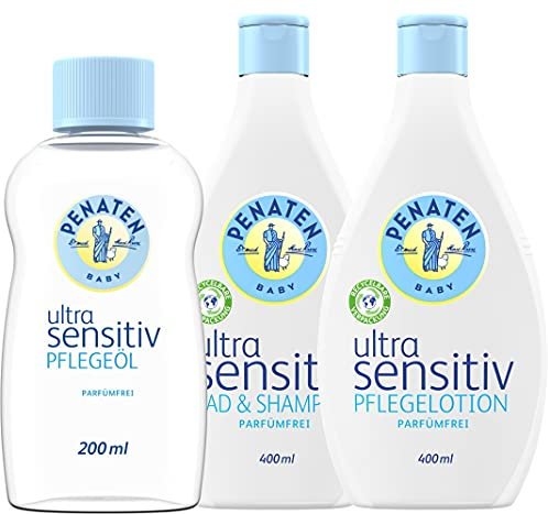 Penaten Ultra Sensitiv Pflege-Set - 400ml Bad & Shampoo, 400ml Pflegelotion & 200ml Pflegeöl - parfümfreie Pflege und Reinigung für sensible Babyhaut