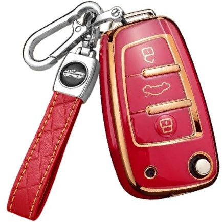 HIBEYO Smart Autoschlüssel Hülle passt für Audi Schutzhülle Schlüsselhülle für Audi A1 A3 A4 A6 A7 S3 RS4 Q1 Q3 Q5 Q7 R8 TT Schlüsselanhänger Funkschlüssel Fall Schlüsselbox Autozubehör TPU-Rot