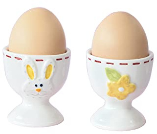 Lot de 2 coquetiers en céramique pour œufs durs ou durs - Pour petit-déjeuner brunch, cuisine, lapin de Pâques et fleur - Pour le printemps, la maison, les fêtes, les cadeaux
