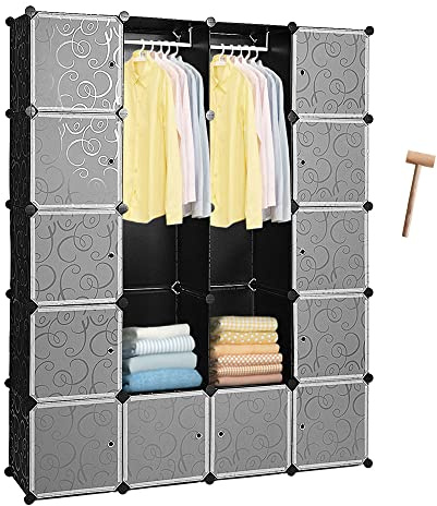 Lospitch 20 Würfel DIY Regalsystem Kleiderschrank Offen Kunststoff Garderobe mit Türen Garderobenschrank Schwarz 180 * 142 * 37CM