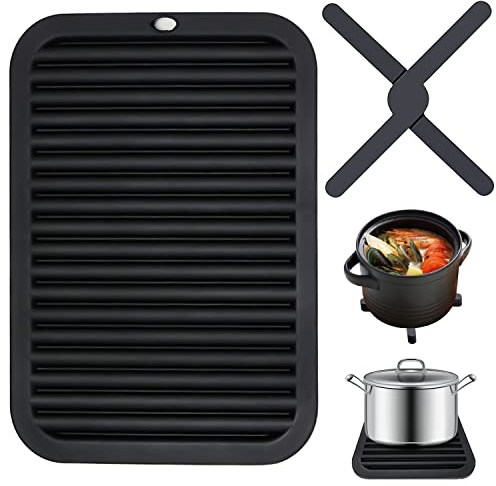Silikon Topfuntersetzer Hitzebeständige Matte Silikon Küchentischmatten | Klappbar Silikonmatte Schwarz 30 x 23 cm für Glätteisen Lockenstab Ablage Schüssel Küche