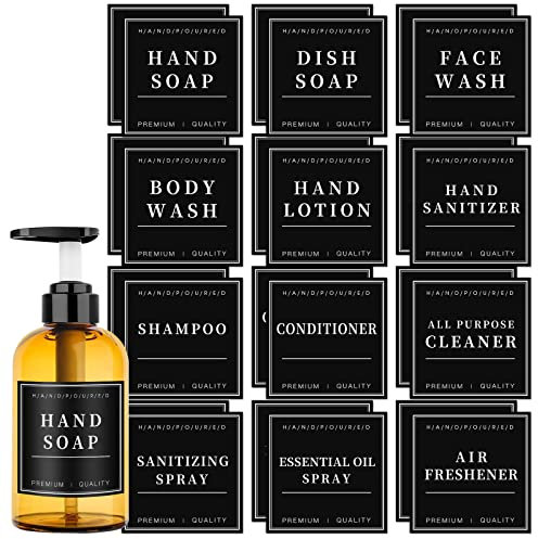 24 etiquetas impermeables para botellas de vidrio o plástico, dispensador de jabón de manos de baño, etiquetas adhesivas de limpieza extraíbles para jabón, loción, champú y acondicionador (3 x 3