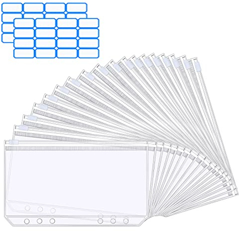 Vicloon 18 STÜCKE A6 Löcher Binder Taschen, 6-Loch Bindertaschen Mappe | mit 2 Aufkleber Beschriften, Wasserdichter PVC Transparent Loseblatt Taschen für A6 Notebook Binder Planer