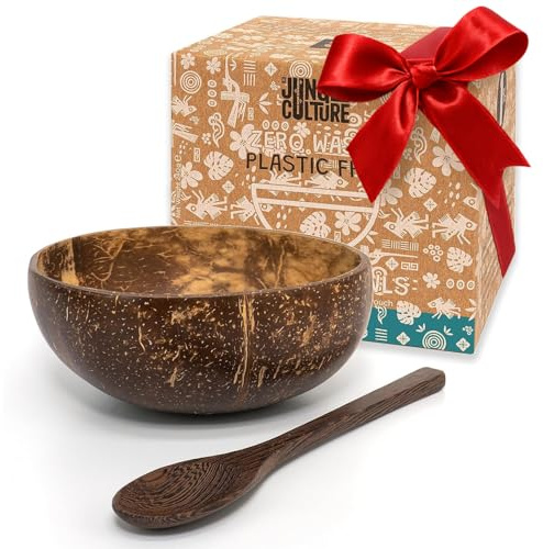 Jungle Culture 1 Coconut Bowl & Spoon with Free eBook • Wooden Bowl • Salad Serving Bowl • Acai Smoothies Pasta Cereal Bowl • Vegan Gift Ideas • Eco Friendly Coconut Shell Bowls
