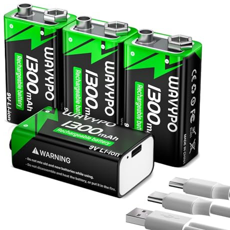9V Rechargeable Batteries,1300mAh Lithium Batteries USB-C Charge with 2 in 1 Charging Cable for Smoke Detectors, Alarms, Microphone, Electronic Toys, Medical Devices etc (4 Pack)