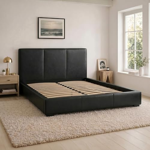 SANA SLEEP 4FT Small Double Size Modern Pia Ottoman Gas Lift Storage Faux Leather Bed - Black