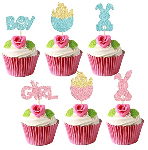 Gyufise 24Pcs Happy Easter Gender Reveal Cupcake Toppers Boy or Girl Cake Topper Bunny Egg Decorations for Easter Party Bunny Theme Gender Reveal Babyshower Party Decorations