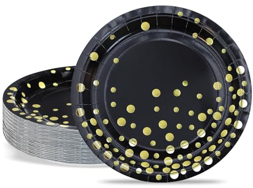 Pappteller, Partyteller Goldfolie Teller Set ​18cm Partygeschirr Set, Schwarz mit Golddruck Gepunktete 50 Stück Papier Teller zum Abschlussfeier, Jubiläums, Valentinstag, Einweihungsfeier, Taufe