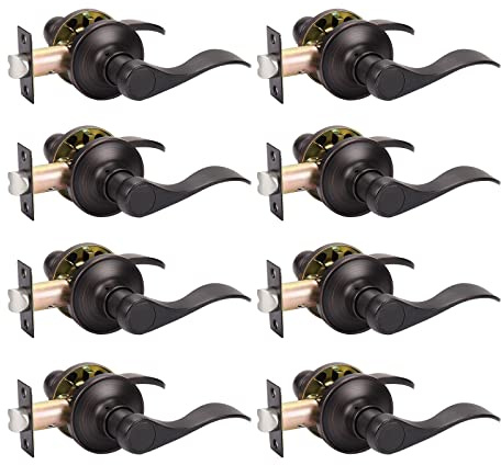 KNOBWELL 8 Pack Oil Rubbed Door Handles, Copper Bronze Door Handle Leverset, Interior Door Handles Keyless, Non-Functioning Passage Door Knobs