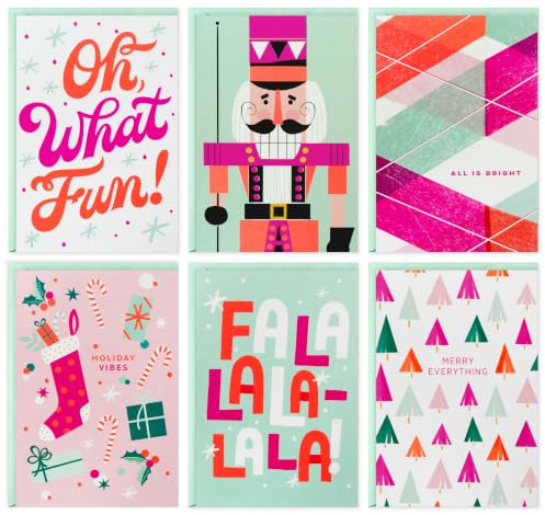 Hallmark Surtido de tarjetas de Navidad neón (24 tarjetas y sobres) vibraciones navideñas, rosa, rojo, verde menta, cascanueces