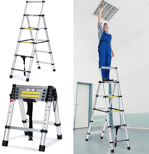 Cecaylie 1.4M+1.7M Teleskopleiter Klappleiter, Rutschfester Aluleiter Mehrzweckleiter Ausziehbare Leiter, Stehleiter, Aluminiumleiter, Maximale Tragfähigkeit 150kg