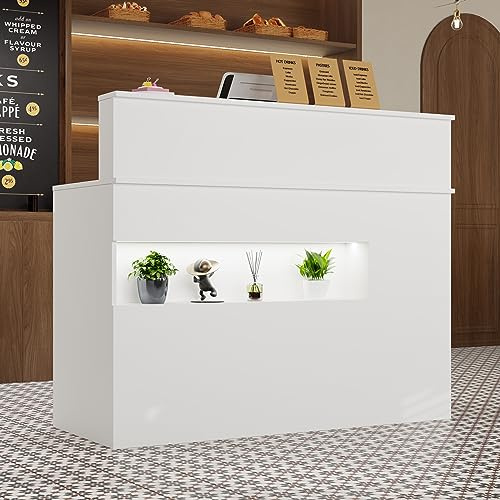 Comptoir Réception, Comptoir de Réception avec Tiroir-Clavier, Meuble de Réception, pour la Maison, Le Bureau, Le Salon, Les spasblanc, MDF, 100cm X 120 cm X 50 cm