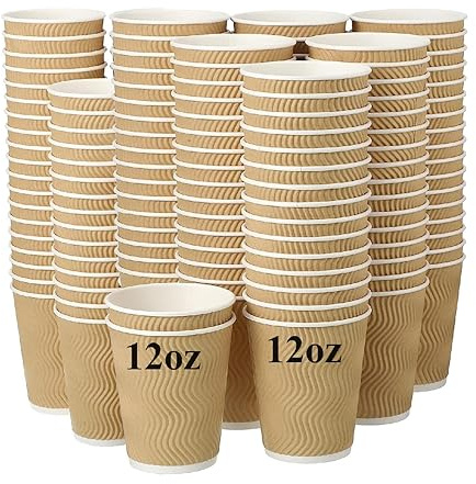 A406 Kraft Disposable 12oz Coffee Cups Ripple 3 Ply Disposable Insulated Paper Cups for Tea Coffee Cappuccino Hot Drinks Cold Drinks (50)