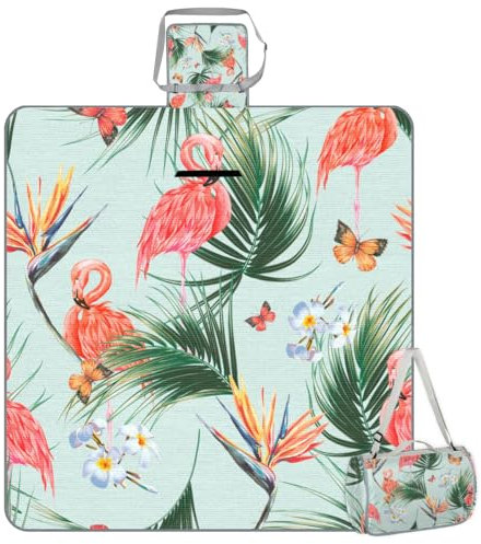 Flamingo Tropische Palme Blume Quadratische Picknickdecke Tropisch Wasserdicht Faltbar Indoor Outdoor Matte Teppiche für Camping Strand Park Familientreffen Aktivitäten