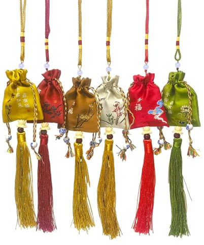 Omamori Charms 6 Stück Omamori Charme Japanischer Schrein Glück Segen Tasche Anhänger, Glück Segen Tasche Omamori Gesundheit Glücksbringer Omamori Charme Geschenk für Familie Freundin Auto Anhänger