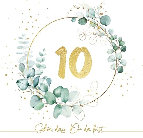 20 Servietten 10. Geburtstag Eukalyptus als Tischdeko mit Spruch Schön, dass Du da bist. Deko Papierservietten Geburtstag Junge Mädchen Baby Zahl 10 gold mit Motiv Jubiläum 33x33cm