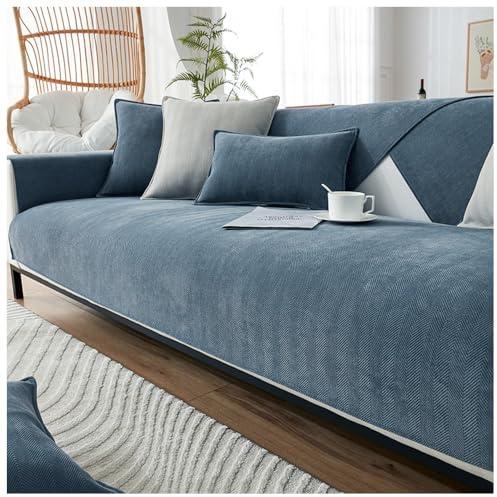 NUODWELL Chenille-Sofabezug mit Fischgrätenmuster, 1/2/3/4-Sitzer, Möbelschutz, Couchbezug, universal, rutschfest, L-Form, Couchbezug, gesteppte Eckenschonbezüge für Wohnzimmer (Graublau, 70 x 120 cm)
