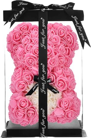 ZENZERO® - ORSO ROSA - ORSETTO ricoperto di ROSE in PE - Orsacchiotto in Confezione Regalo - Dimensioni 10 (26x17cm) - Pezzi: 1 - disponibili vari COLORI - Colore: (ROSA CUORE BIANCO)
