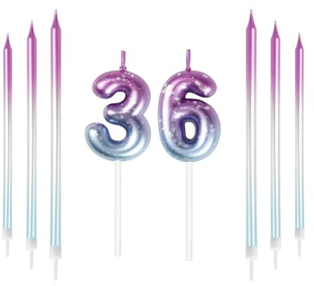 Mciskin 36th Birthday Number Kerzen Dekorationen Bunte 36 Kerze mit Rosa Lila Lange Kerzen Kuchen Kerzen Kuchen Topper Dekorationen für Jungen Mädchen Männer Frauen Geburtstagsfeier Hochzeit Jubiläum