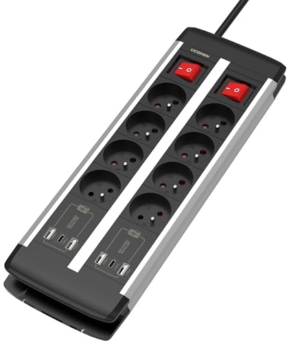 Elektriskt uttag med överspänningsskydd (3 680 W 16 A) speciellt utvecklad för datorbord, 8 uttag med 20 W USB A och USB C (2), 2 m kabel