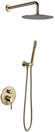 Duschsystem, gebürstetes Gold, verdecktes Duschmischer-Set für Badewanne, Wandmontage, verdecktes Duschsystem mit 20,3–30,5 cm großer Edelstahl-Brause + Handbrause, luxuriöses Duschset, 30,5 cm (25,4