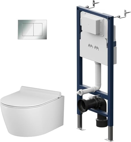 AM.PM - Hänge WC Komplettset, Vorwandelement WC Set Komplett Vormontiert (Prime Fit) + Wand WC Weiß ohne Spülrand (X-Joy S) + Drückerplatte + WC-Sitz mit Absenkautomatik, Toilette Komplett Set