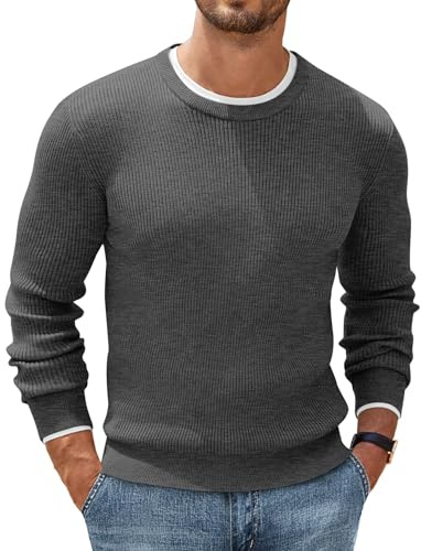 COOFANDY Maglione da Uomo Girocollo Basic a Maniche Lunghe Elegante e Confortevole Maglia a Coste Sottili vestibilità Regolare Uomo Moda Casual Ardesia L