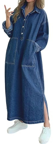 Jofemuho Womens Casual jean dress Long Sleeve Denim Maxi Shirt Dress