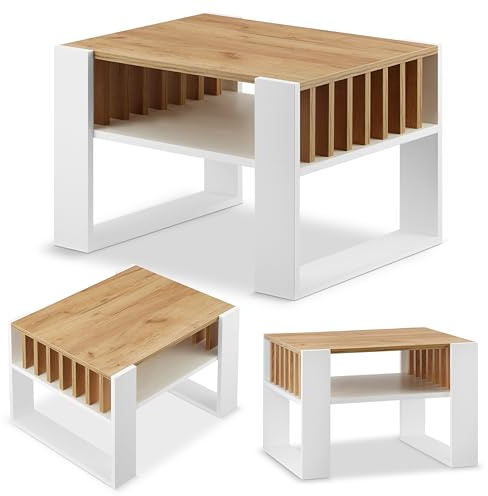 defiPad Couchtisch Eiche Weiß im Lamellendesign mit Stauraum, 65x50 cm | 18-mm-Möbelplatte, in Europa gefertigt, Kompakte Größe, Modernes Design, Belastbar bis 50 kg, pflegeleichte Oberfläche