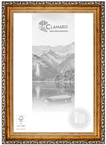 CLAMARO Bilderrahmen Wien Antik Barock Massivholz, 60 mm, Gold, 100x140 cm | Fichte, Acrylglas, HDF-Rückwand, Metallaufhänger, 43 mm tief, handgefertigt, Hoch- und Querformat