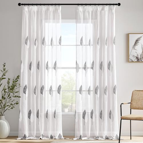 MIULEE Gardine Stickerei Blattmuster 2er Set B140 H245 Grau-Weiß | Transparente Gardine mit Stickerei Blattmuster und Kräuselband, modernes Dekor für Wohnzimmer und Schlafzimmer