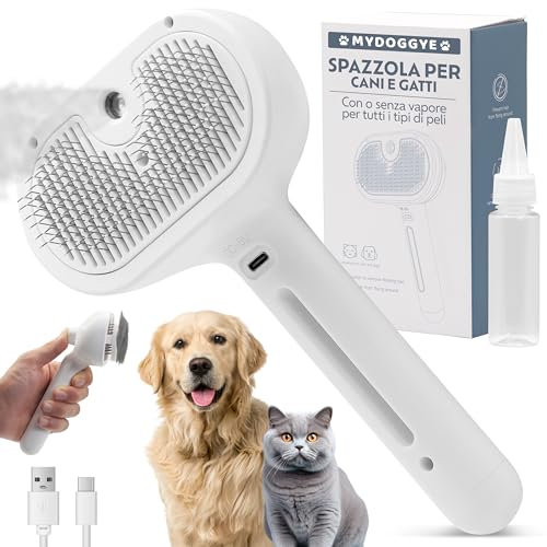 MYDOGGYE Spazzola a Vapore per Cani Gatti - Spazzola per Gatti 3in1 PELO LUNGO E CORTO - Ricaricabile con Cavo USB e Boccetta in Dotazione - con Vapore per Cani Gatti - Pettine Gatto