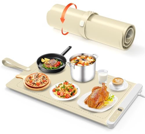 Upgrade Warmhalteplatte für Speisen Speisenwärmer, 5s Graphen Vollflächen Schnellheizung, 6-stufig einstellbare Temperaturregelung, Tragbare Faltbare Heizplatte für Warm Halten oder Auftauen