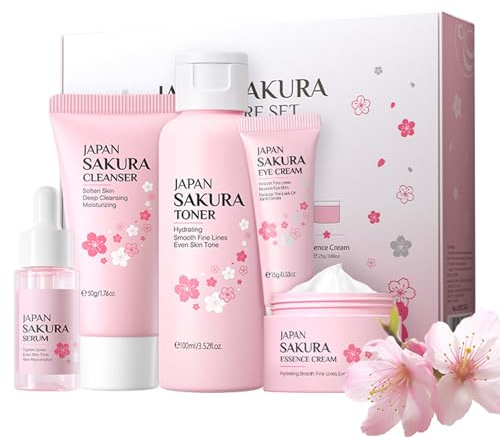 YANZEFEI Ensemble de 5 pièces de soins de la peau Sakura cadeaux pour adolescentes, soins de la peau YANZEFEI pour adolescentes, kit de soins pour filles, kit de soins de la peau en fleur de cerisier