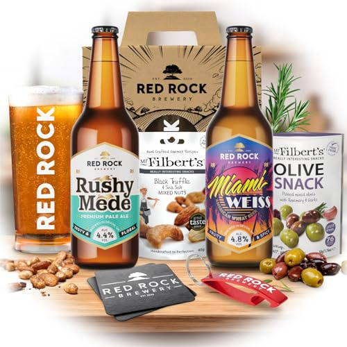 Red Rock Brewery Craft Fathers Day, Christmas or Birthday Beers Hamper Set with Glass and Gift Box - Beers, Nuts and Olive Snack Hamper